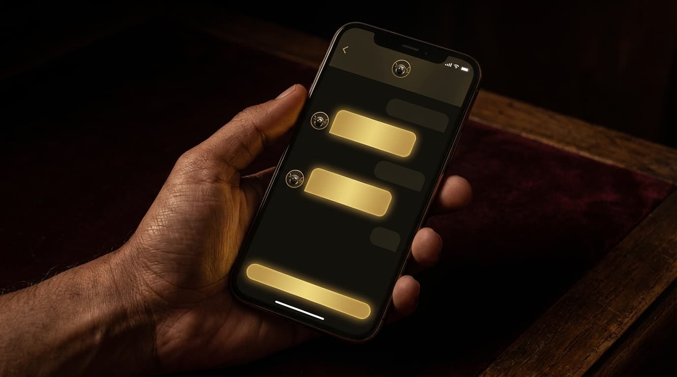 iPhone showing the Demi chat interface with golden message bubbles in a warm, dark setting