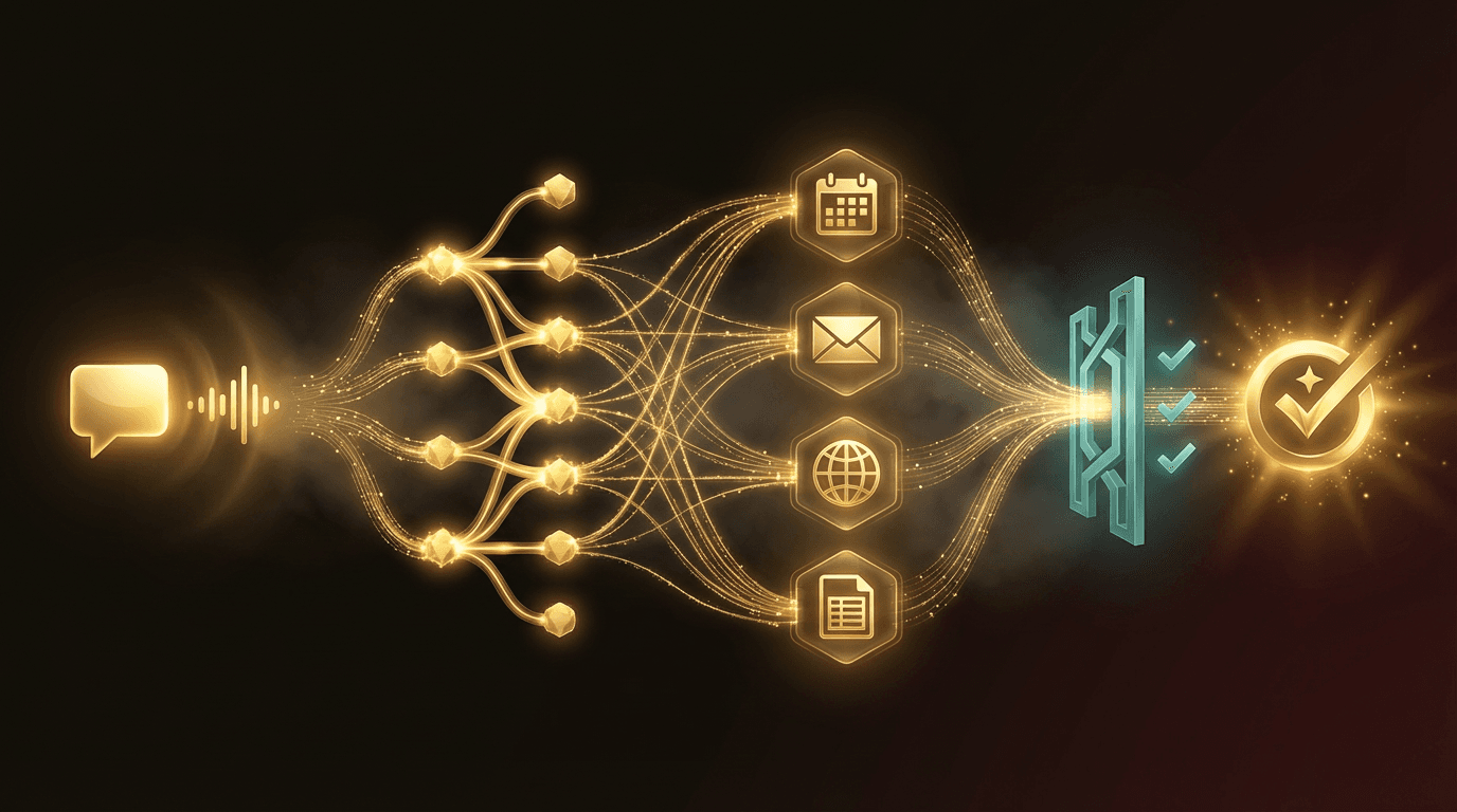 Visualization of the Demi task pipeline from request through planning, tools, approval, to result