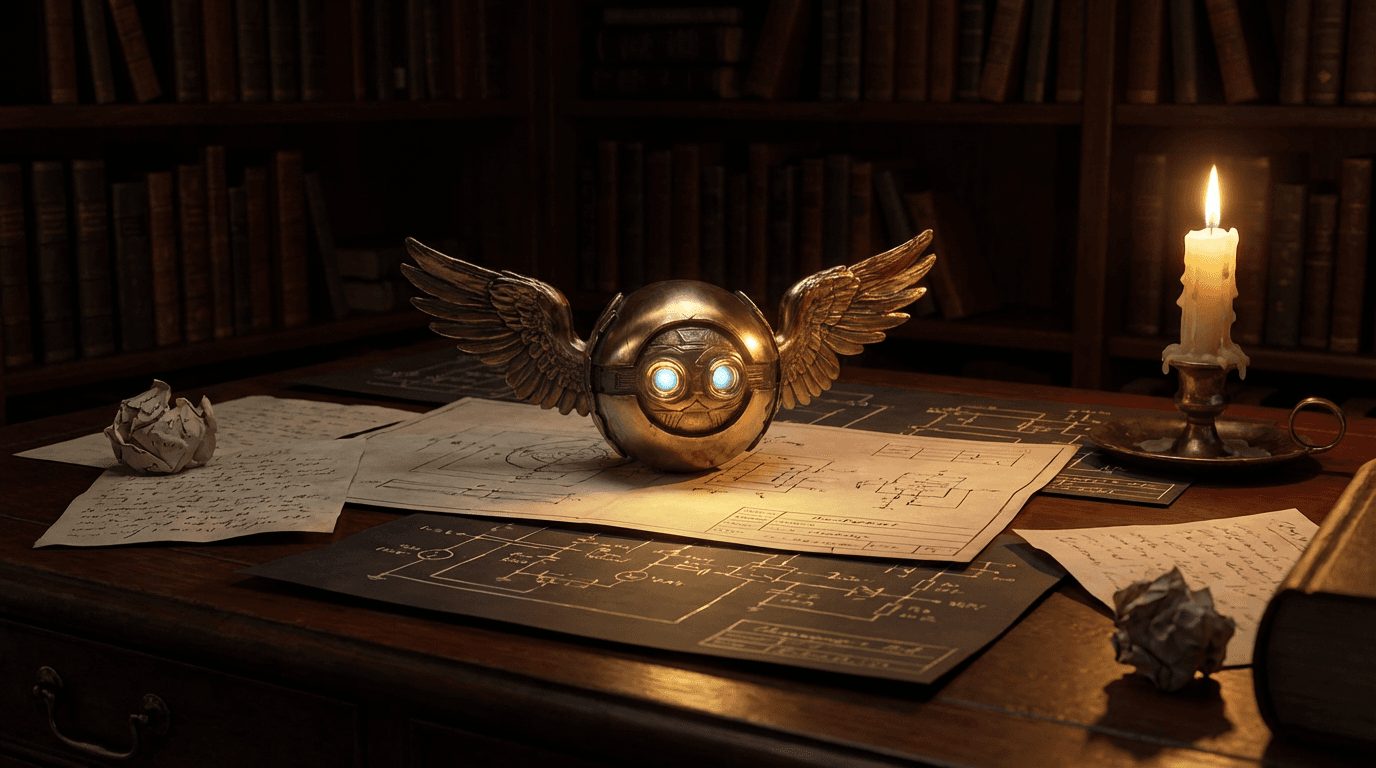 The Demi gold orb resting on a candlelit desk covered in handwritten blueprints and circuit diagrams