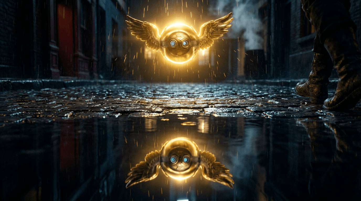 The glowing Demi gold orb floating in a rainy cobblestone alley at night, reflecting in a puddle below
