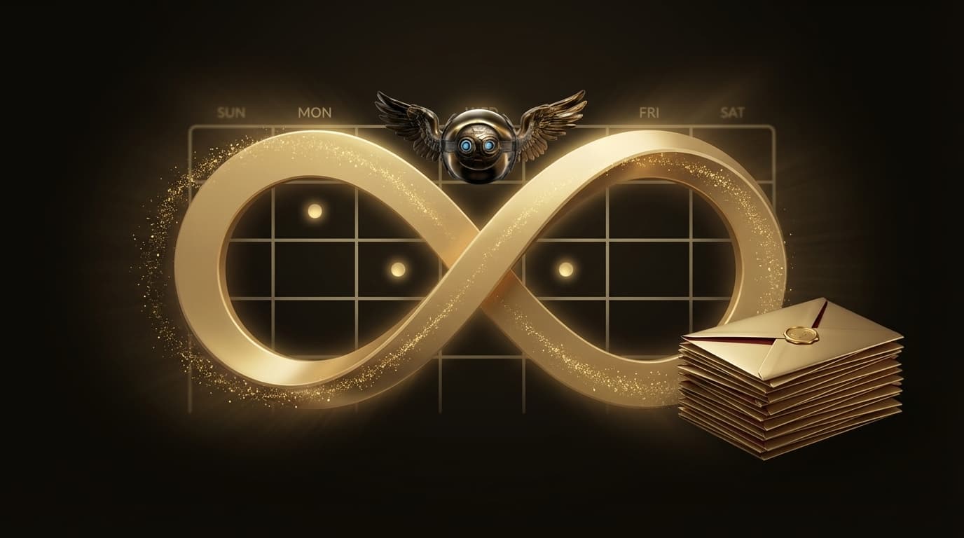 Golden infinity loop over a weekly calendar with the Demi orb orchestrating automated task deliveries