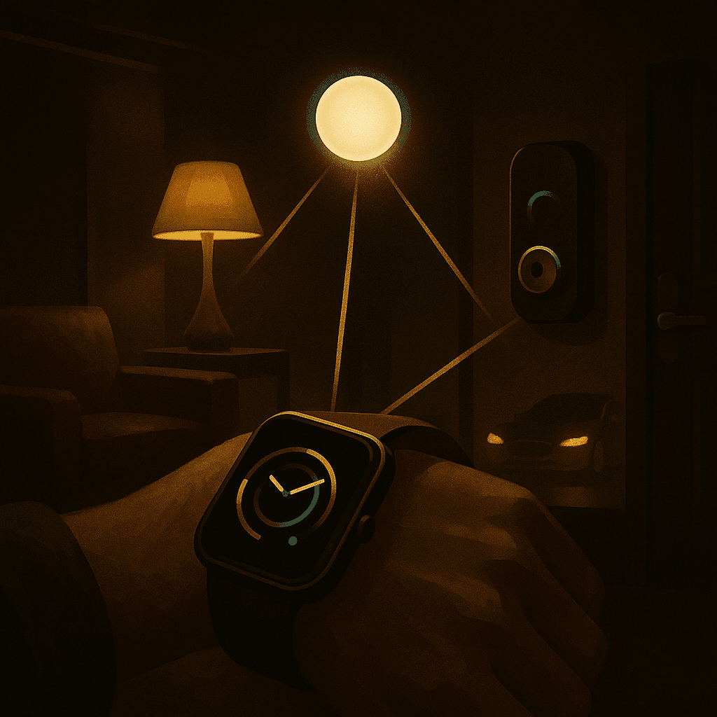 Apple Watch controlling smart home lights and door lock with golden light rays in a dark luxurious room