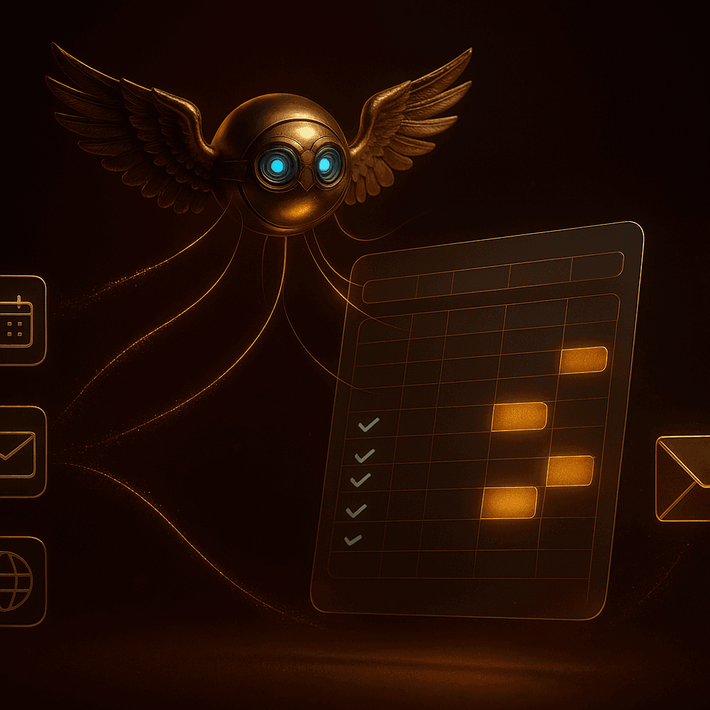 The Demi orb orchestrating data streams from calendar, email, and web into a glowing spreadsheet