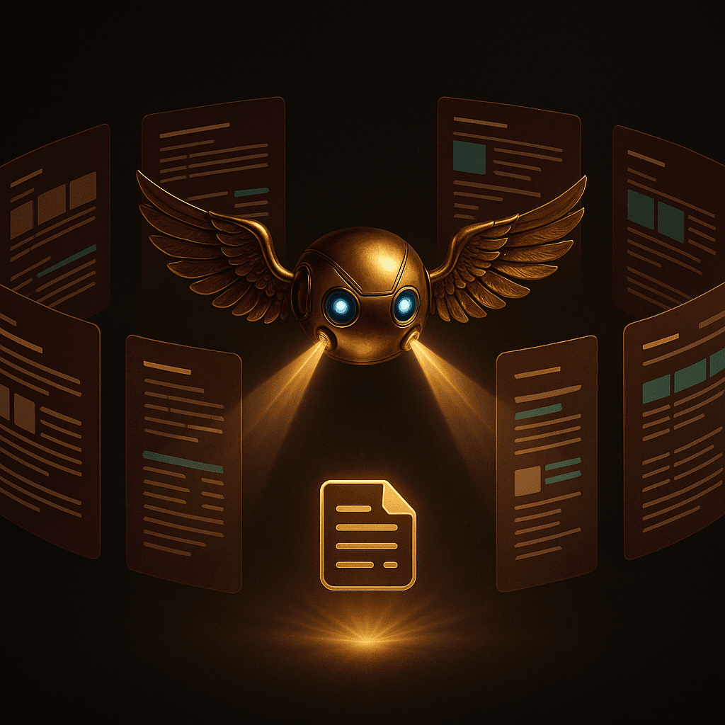 The Demi orb scanning floating web pages and synthesizing findings into a golden document